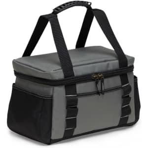 A grey and black cooler bag with carrying handles and a zippered top, featuring side pockets and a logo.