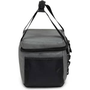 A grey and black cooler bag with a zip closure and a carrying strap. It features a pocket on one side and has a logo.