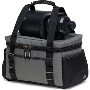 A grey and black cooler bag with a drink bottle inside, featuring handles and a zippered compartment.
