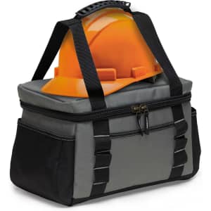 A grey and black cooler bag with a bright orange hard hat on top. It has a branded logo on the front.