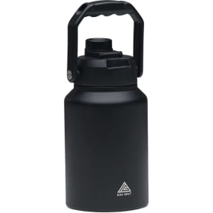 A drink bottle with a black matte finish, featuring a handle and a screw-on lid, with a logo on the front.
