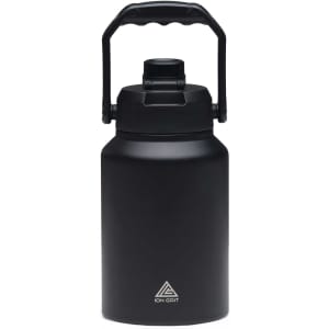 A drink bottle featuring a sleek black design with a sturdy handle and a logo on the front.