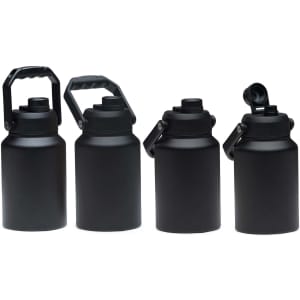 A drink bottle in matte black, featuring a sturdy handle and a secure cap, with a sleek, modern design.