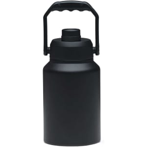 A drink bottle in matte black with a handle and a screw top lid, featuring a logo on the side.
