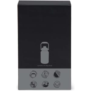 A drink bottle in a black box, features a logo and illustrations, showcasing a 1.9L capacity and various icons.
