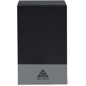 A drink bottle with a sleek black design, featuring a grey base and a logo on the front.