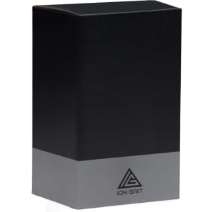 A black and grey rectangular box with a logo at the bottom. The design is minimalist and sleek.