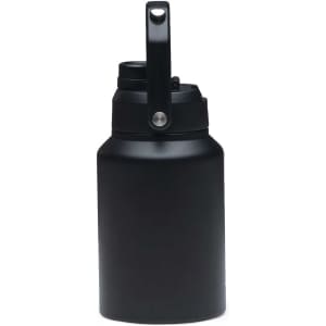A drink bottle in matte black with a handle and a wide mouth opening. It features a logo on the side.