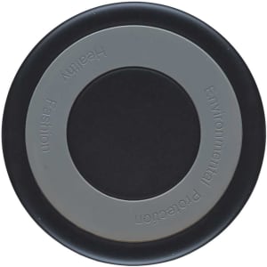 A drink bottle cap in black and grey, featuring a logo and a circular design.