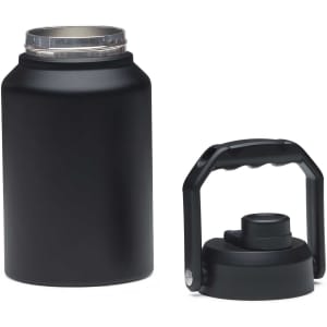 A drink bottle in matte black with a removable handle and a screw-on lid, featuring a logo.