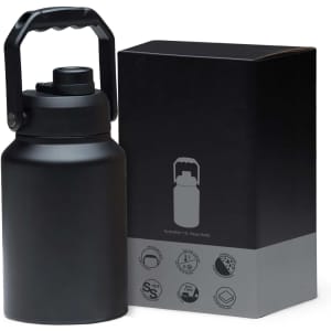 A drink bottle with a sturdy handle, featuring a matte black finish, alongside its packaging box.