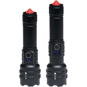 Two black torches of varying sizes with a red pointed end and a digital display on the body. One torch has a logo.