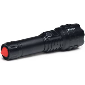A black torch with a red end and a branding logo, featuring a textured grip and a power button.