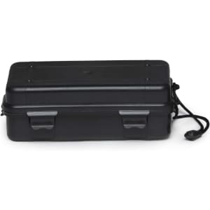 A black waterproof case with secure clasps and a carry strap. It has a compact rectangular design.
