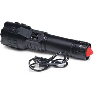 A black torch with a red tip, accompanied by a USB charging cable and featuring a logo.