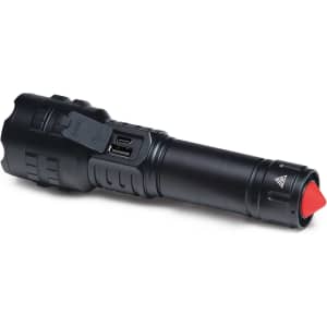 A black torch with a red button and a USB port, featuring a textured grip and a compact design.