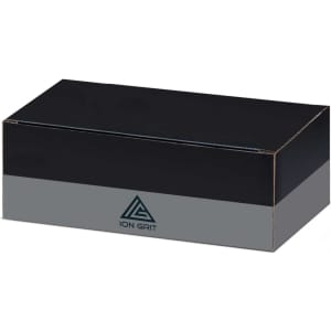 A sleek black and grey box featuring a logo on the front, designed for product packaging.