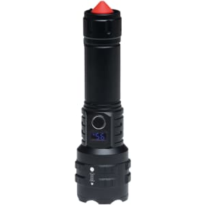 A black torch with a red top, featuring a digital display and a logo on the body.