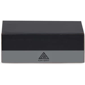 A black box with a grey stripe, featuring a logo on the front.