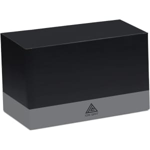 A black box with a grey base, featuring a logo on the side.
