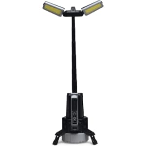 A portable torch with a tall, adjustable stand, featuring two yellow LED panels and a black body.