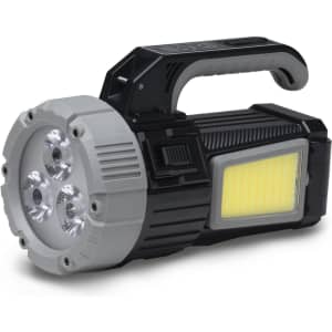 A portable torch featuring a grey and black design, with three bright LED lights and a side panel light.