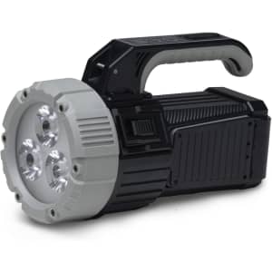 A black and grey torch featuring three bright LED bulbs and a sturdy handle. It has a sleek design and a logo.