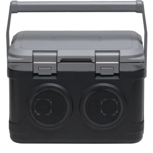 A portable sound box in black with a grey lid, featuring a sturdy handle and two speaker openings.