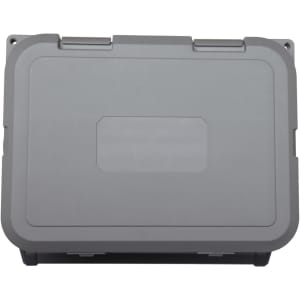 A grey sound box with a sturdy design and a logo, featuring a durable exterior and secure fastening.