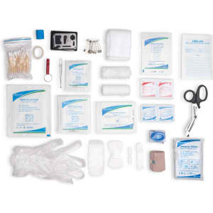 A first aid kit featuring various bandages, gauze, scissors, gloves, antiseptic wipes, and a range of medical supplies.