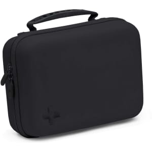 A black first aid kit with a zip closure and a handle, featuring a subtle logo on the front.
