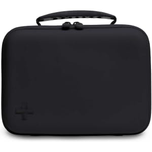 A black first aid kit with a handle, featuring a logo on the front and a zip closure.