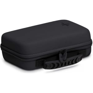 A black first aid kit with a zippered closure and a handle for easy carrying. It has a minimalist design.
