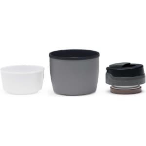 A drink bottle set featuring a white container, a grey container, and a black cap. The set has a minimalist design.