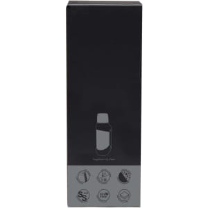A drink bottle in a black box, featuring a sleek design and a logo. The flask is grey in colour.