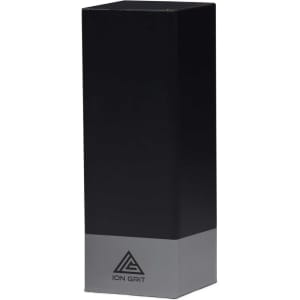 A drink bottle in a sleek black design with a grey base, featuring a logo on the front.