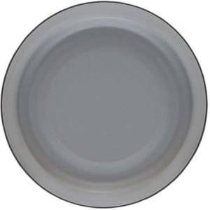 A round, light grey plate with a smooth surface and a subtle rim. The plate has a minimalist design.