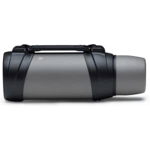 A drink bottle in grey and black with a handle, featuring a sleek design and a logo.
