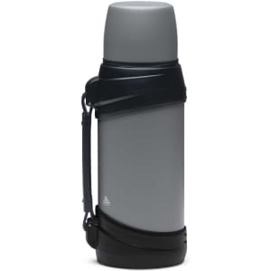 A drink bottle in grey with a dark green strap, featuring a sleek, cylindrical design and a black base.