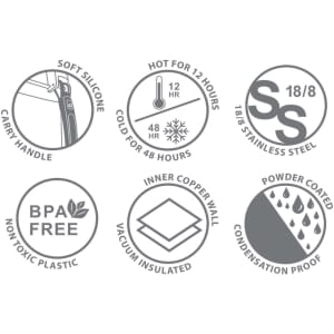 A drink bottle with a carry handle, made from 18/8 stainless steel, featuring various product symbols and icons.