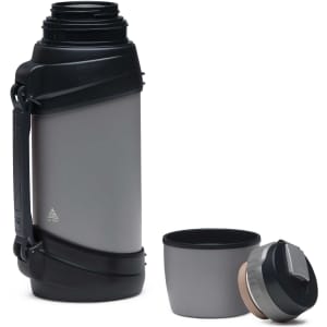 A drink bottle with a grey body and black accents, featuring a removable cup and a handle. It has a logo.