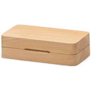 A wooden box with a smooth finish and rounded edges, designed for storage. It features a subtle handle.