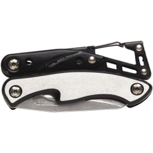 A multi-tool in silver and black, featuring various tools and a folding design, with a logo present.