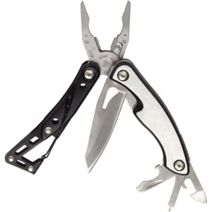 A multi-tool with pliers, a knife blade, and various small tools, featuring a black and silver design and a logo.