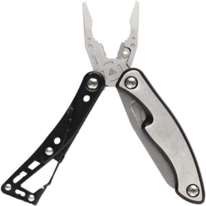 A multi-tool with silver and black components featuring pliers and several tool functions, including a logo.