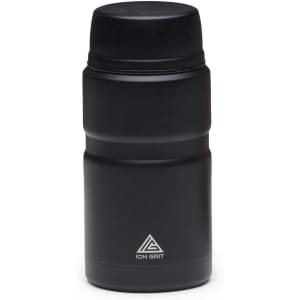 A food jar in matte black finish with a secure lid and a logo on the front.