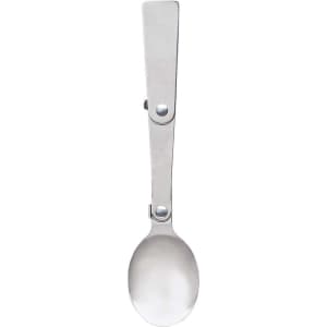 A stainless steel spoon with a sleek design and a clip for easy storage. Features a shiny finish.