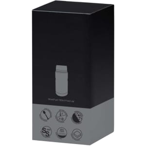 A black box featuring a 750ml food jar design, with icons on the lower section and a logo.