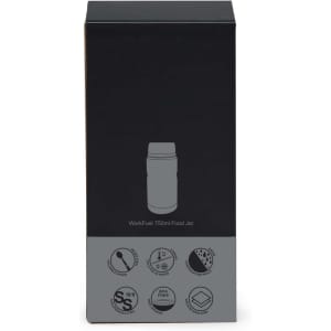 A food jar in a sleek black box, featuring a logo and various icons on the packaging.