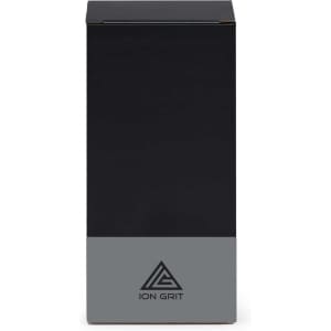 A food jar in sleek black and grey, featuring branding on the front.